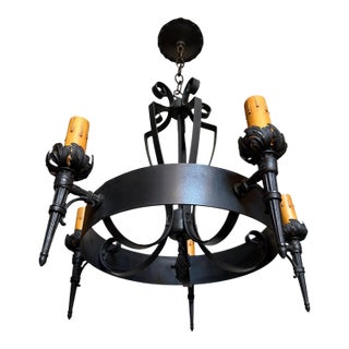Antique Wrought Iron Chandelier With Botanical Torches For Sale