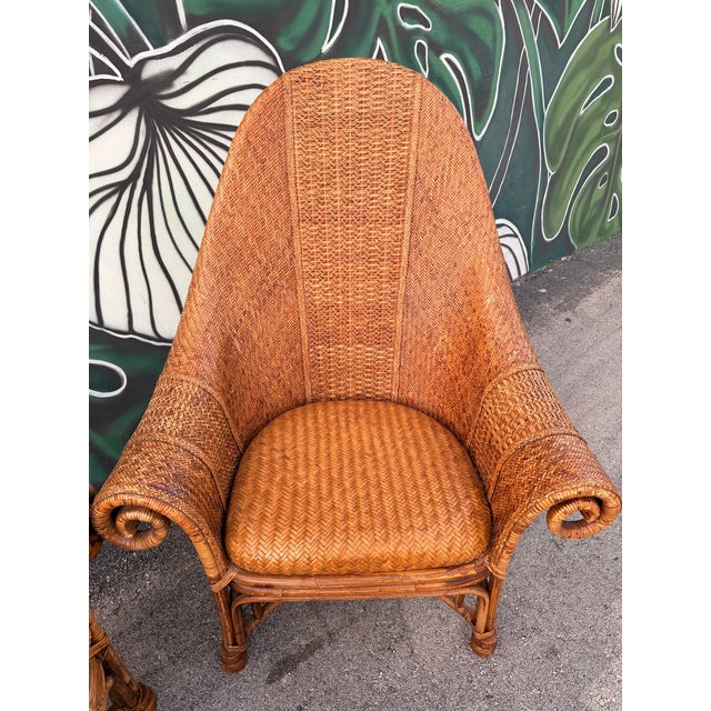 Wood Ralph Lauren Style Bamboo & Rattan Wingback Chairs - A Pair For Sale - Image 7 of 11