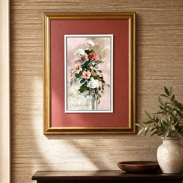 Vintage Floral Watercolor by Rosalie Oesterle — Original Art Framed in Gold A soft, romantic mid‑century watercolor floral...
