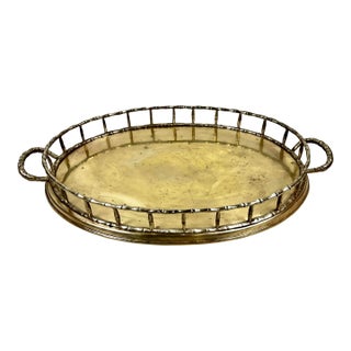 Vintage Faux Bamboo Brass Oval Tray For Sale