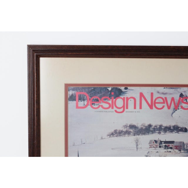 Vintage framed original cover of Design News magazine, dated December 18, 1972, featuring an aerial photograph of a snowy...