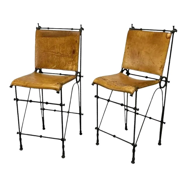 Pair of European Modernist Iron & Rebar Frame Stools in Distressed Leather For Sale