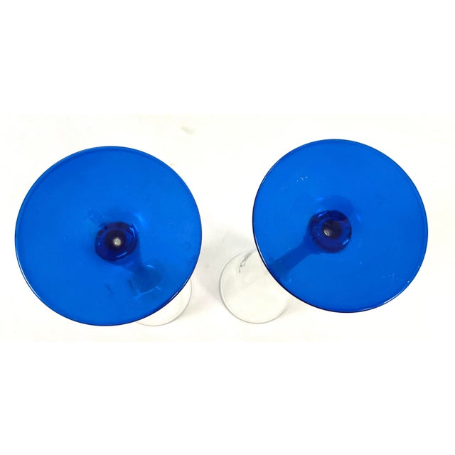 Perrier Jouet-champagne flutes – a pair Cobalt stem and foot, with a painted black rose on the bowl