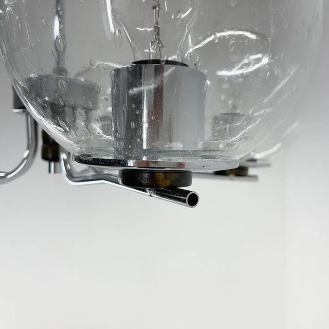 Wood Chrome & Clear Bubble Glass 5-Arm Chandelier, 1970s For Sale - Image 7 of 11