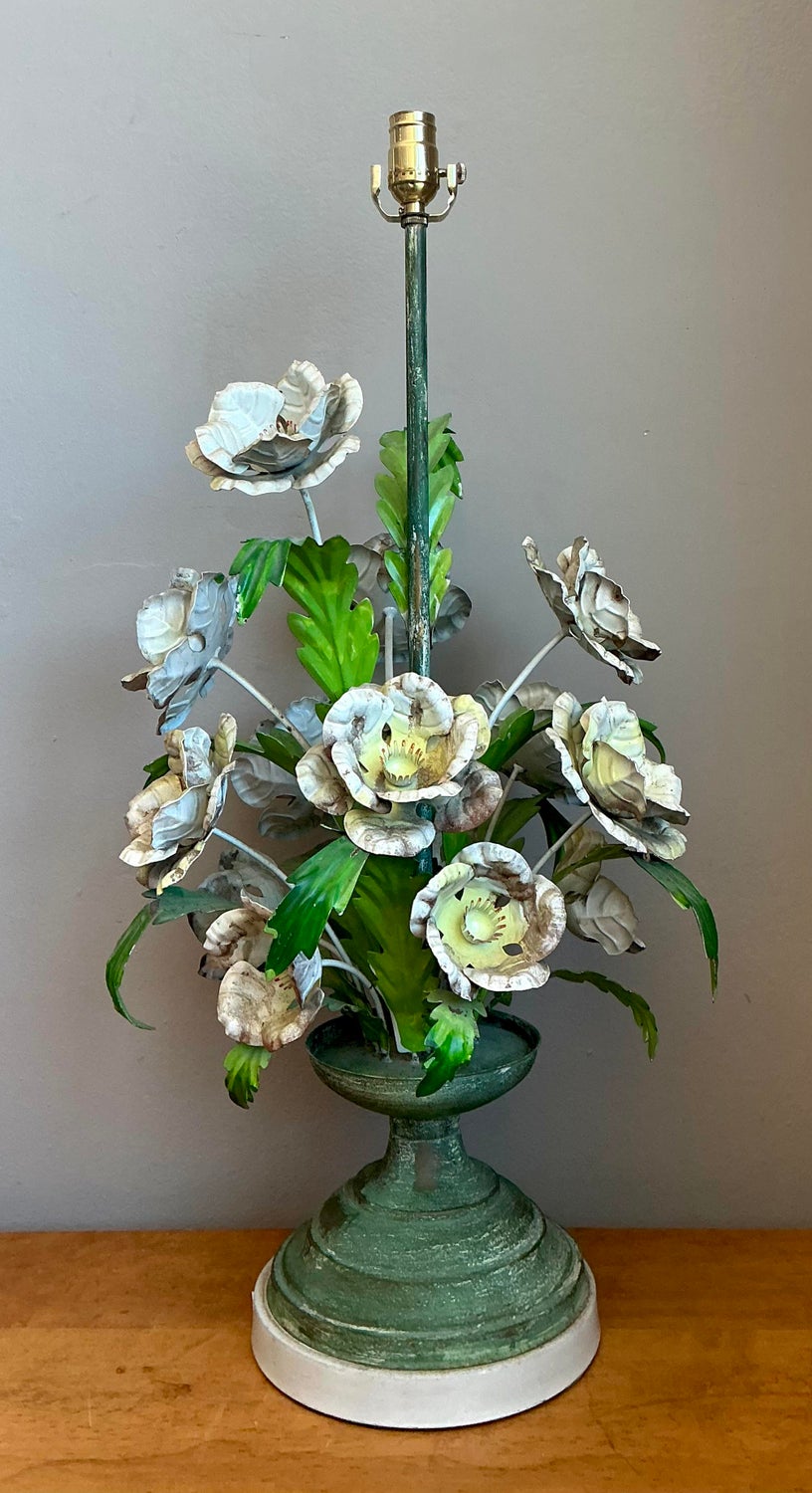 Vintage Hand Painted Tole Bouquet Lamp - Side view