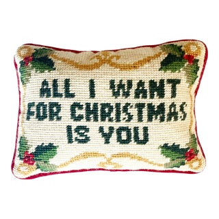 Vintage Small Needlepoint and Red Velvet Christmas Pillow For Sale