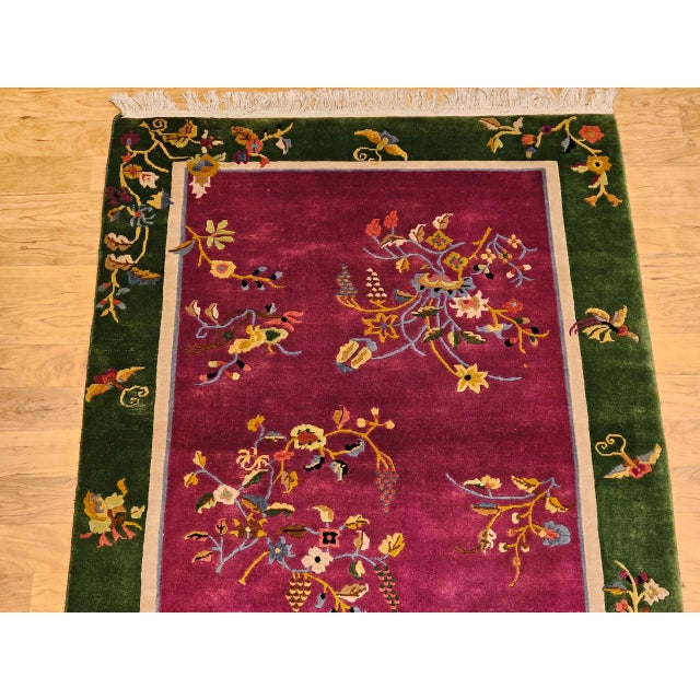 Vintage Chinese Art Deco Area Rug, Handwoven Wool Pile, Floral Design, 4' x 6' For Sale - Image 13 of 18