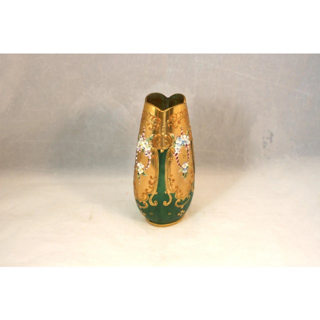 Antique Handcrafted Bohemian Art Glass Green Glass & Gold Gilt Vase With Enamel Flowers For Sale In West Palm - Image 6 of 11