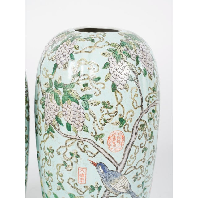 Chinoiserie Striking Celadon Ground Chinese Porcelain Vases With Wisteria, Songbird & Seal Marks – 20th Century Chinoiserie Pair For Sale - Image 3 of 7