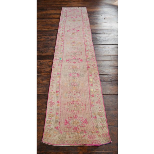 Mid-Century Modern 2x11 Ft Approx Pink Kurdish Herki Hand-Knotted Distressed Runner For Sale - Image 3 of 11