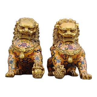 Pair of Vintage Cloisonné Gilt Bronze Guardian Lion Statues With Floral Enamel For Sale