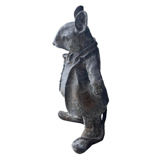 Rustic Vintage Cast Iron Anthropomorphic Gentleman Dandy Mouse Garden Statue For Sale - Image 3 of 12