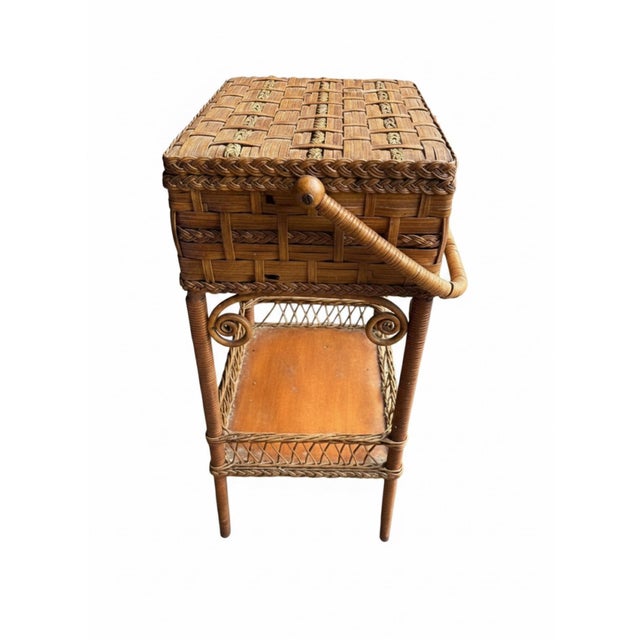 Chestnut 1900s Antique Heywood Brothers & Wakefield Co. Wicker Sewing Basket Stand For Sale - Image 8 of 10
