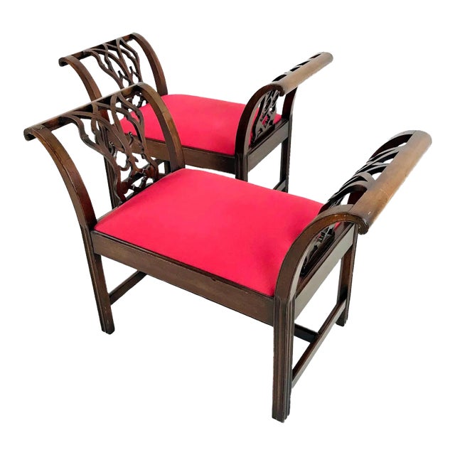18th Century Carved Mahogany Chippendale Window Seats / Benches - A Pair For Sale