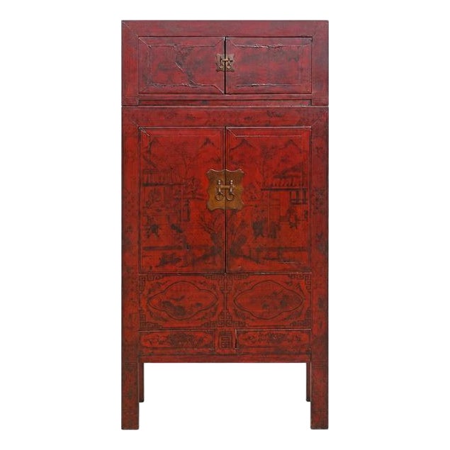 96" Tall Red Lacquer Antique Chinese Chinoiserie-Style Cabinet For Sale