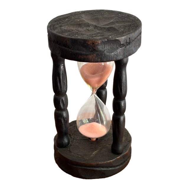 Vintage Rustic Carved Wood and Glass Hourglass For Sale