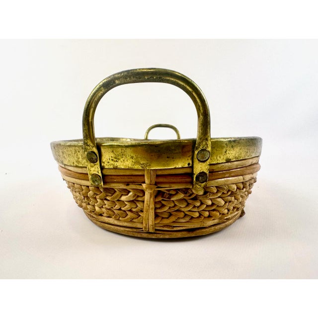 Wood Italian Rattan and Brass Basket Bowl Centerpiece, 1960s For Sale - Image 7 of 8