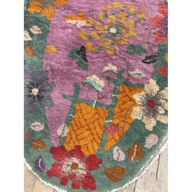 1920s Antique Purple Floral Modernist Chinese Handknotted Art Deco Wool Oval Rug For Sale In New York - Image 6 of 6
