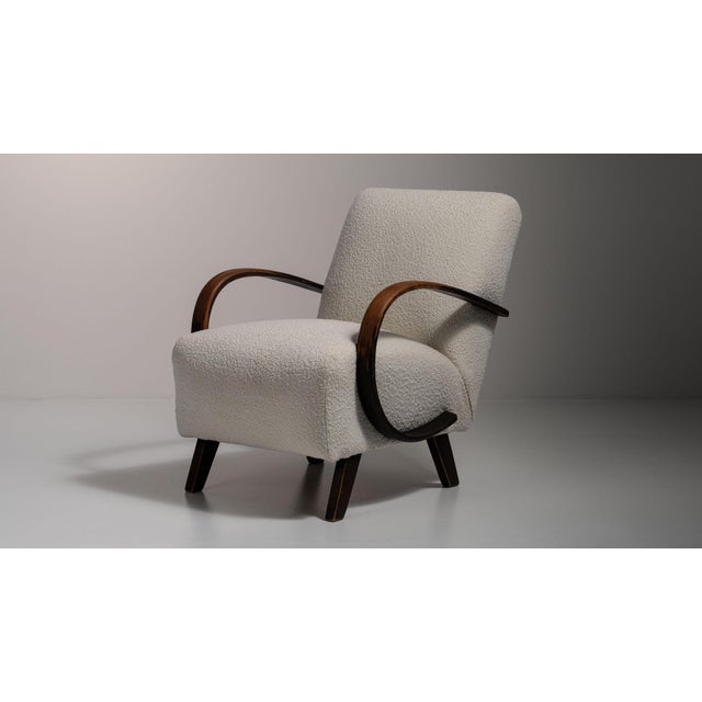 20th Century Czech Republic Warm Ivory Boucle Bentwood-Arm Lounge Chair For Sale - Image 4 of 11