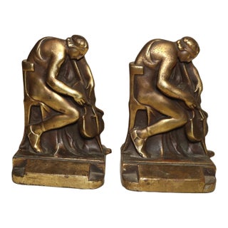 Pair of Antique 1800s Figural Pompeian Bronze Clad Cellist Cello Player Bookends For Sale