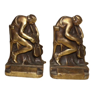 Pair of Antique 1800s Figural Pompeian Bronze Clad Cellist Cello Player Bookends