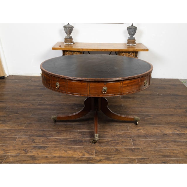 English Regency 1840s Mahogany Rent Table with Leather Top and Eight Drawers For Sale - Image 4 of 12