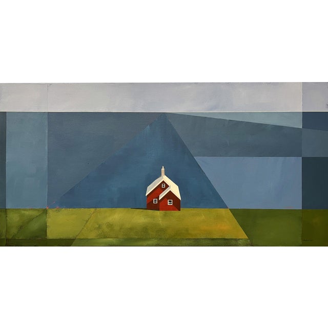 Overlook by Justin Wheatley | Acrylic on Canvas Red House With Blue Sky For Sale