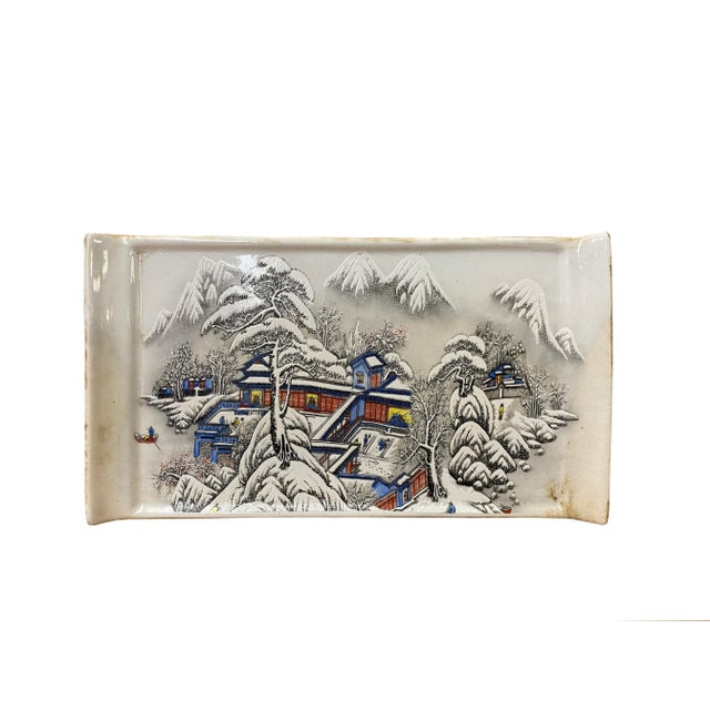 Distressed White Porcelain Snow Trees House Rectangular Display Plate For Sale In San Francisco - Image 6 of 6