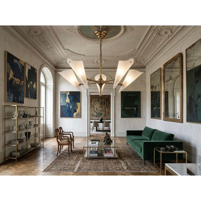 1950s 1950s Rare Italian Mid-Century Brass & Frosted Glass Chandelier Attributed to Stilnovo For Sale - Image 5 of 5