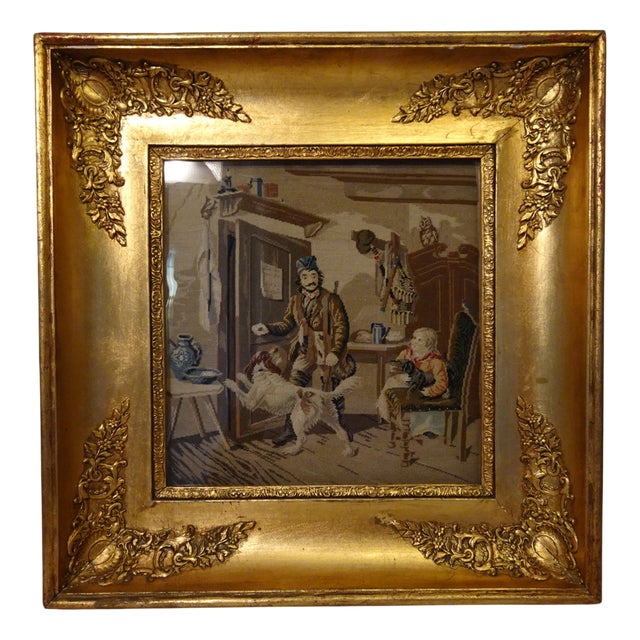 Antique Framed Gobelin with Needlepoint Embroidery, 1800s For Sale