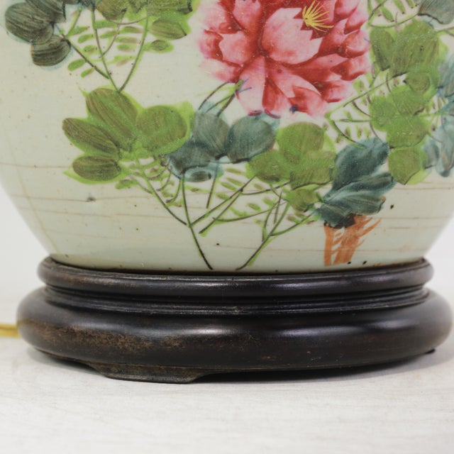 Famille Rose Antique Porcelain Vase Lamp With Bird and Peony Motif on Wood Base For Sale - Image 11 of 17