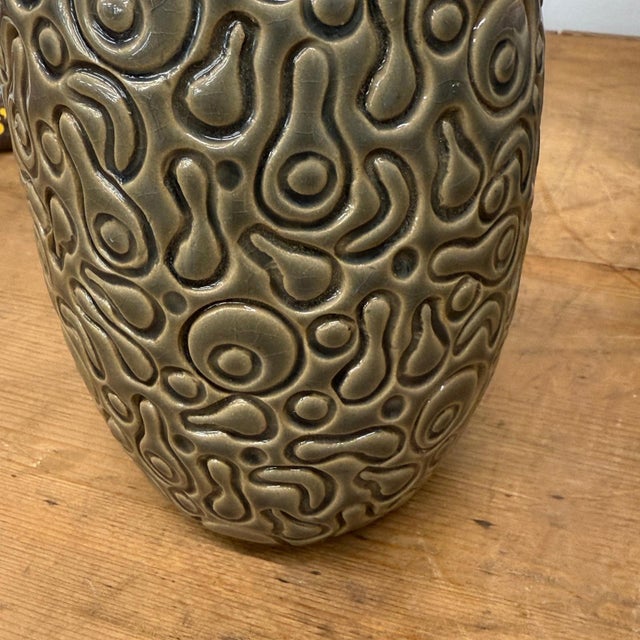 Warm Olive-Taupe Ceramic Vase with Organic Abstract Pattern For Sale - Image 9 of 9