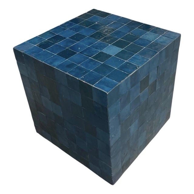 Vintage Moroccan Deep Blue Zellige Terracotta Tile Cube Side Table For Sale