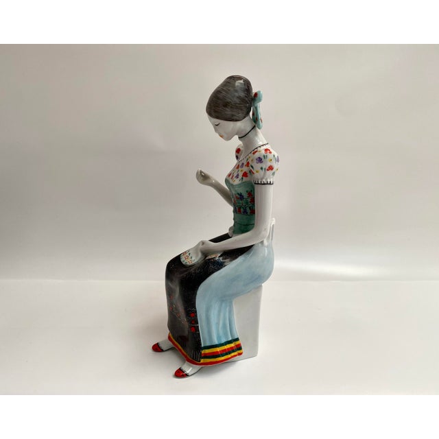 Vintage Hollohaza Porcelain Embroiderer Figurine, Hand-Painted, Hungary, 1980s For Sale - Image 4 of 8