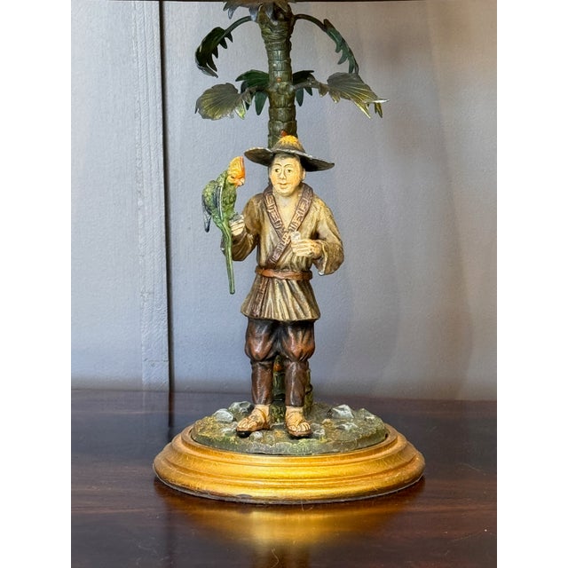 Each lamp with a polychrome cold painted bronze figure standing beside a palm tree — one depicting a male figure in hat...