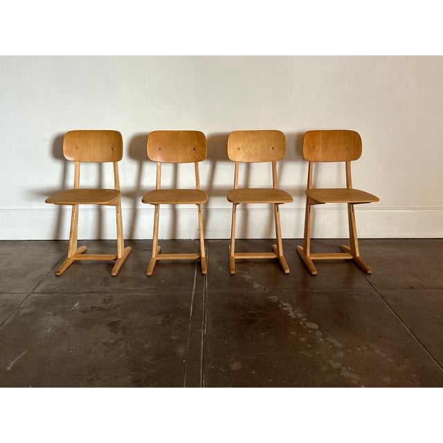 Mid century beech wood chairs in great vintage condition. Unsigned. Dimensions 15” x 17” d x 31” h seat h 17.5” Minor wear...