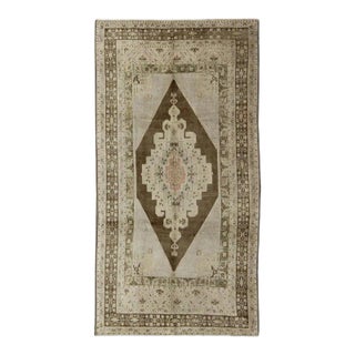 Vintage Turkish Oushak Rug With Medallion Design in Soft Taupe, and Sage Green For Sale