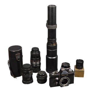 Vintage Praktica LLC 35mm SLR Camera Set With Carl Zeiss Jena Pancolar, Pentacon Lenses, Admiral 500mm Lens and Accessories For Sale