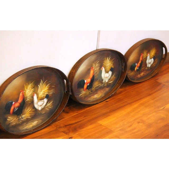 Set of 3 Vintage Hand Painted Wood Nesting Trays W/ Chickens and Roosters For Sale - Image 4 of 8
