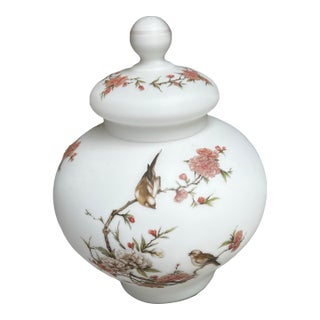 1970s Italian Opaque White Birds and Floral Vase With Lid For Sale