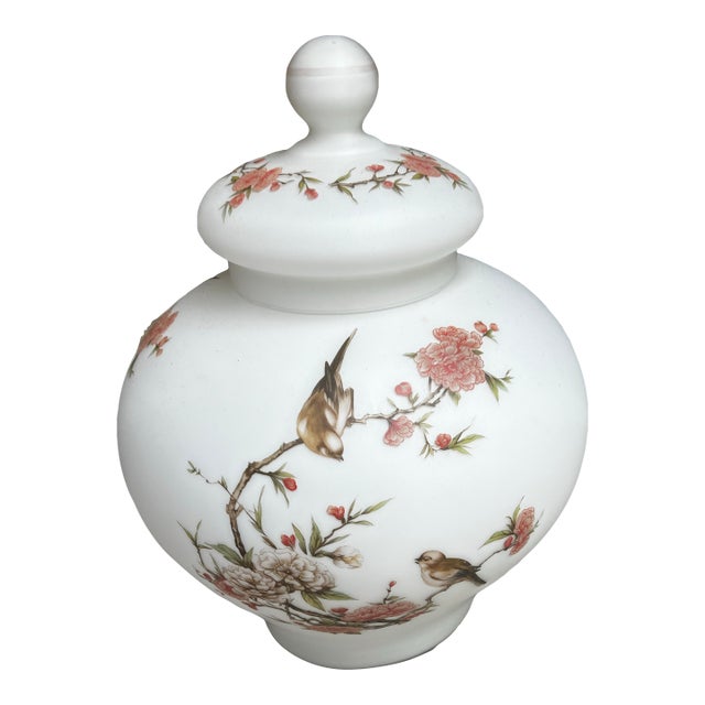 1970s Italian Opaque White Birds and Floral Vase With Lid For Sale