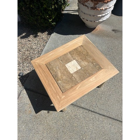 Tan Vintage Wood Side Table With Inset Stone Top and Lower Shelf For Sale - Image 8 of 17