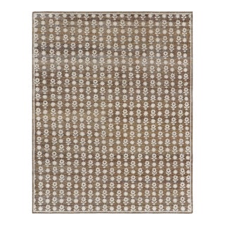 Rug & Kilim’s Modern Block Print Runner Rug in Brown with White Floral Patterns - 3x12 For Sale