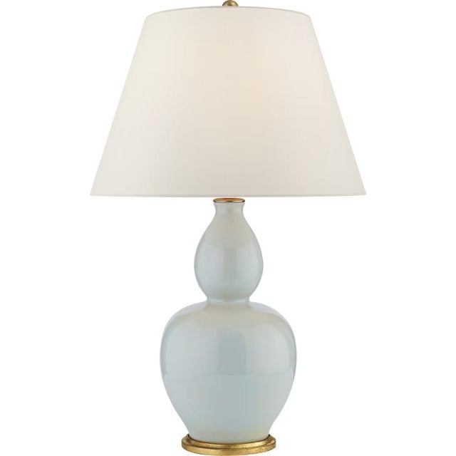 Transitional Chapman & Myers by Visual Comfort Signature Yue Double Gourd Table Lamp in Ice Blue with Linen Shade For Sale - Image 3 of 3