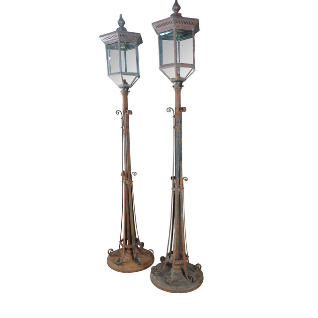 #48911 A rare pair of late 19th century English converted glass wrought iron street post lights / lamps. Features a copper...