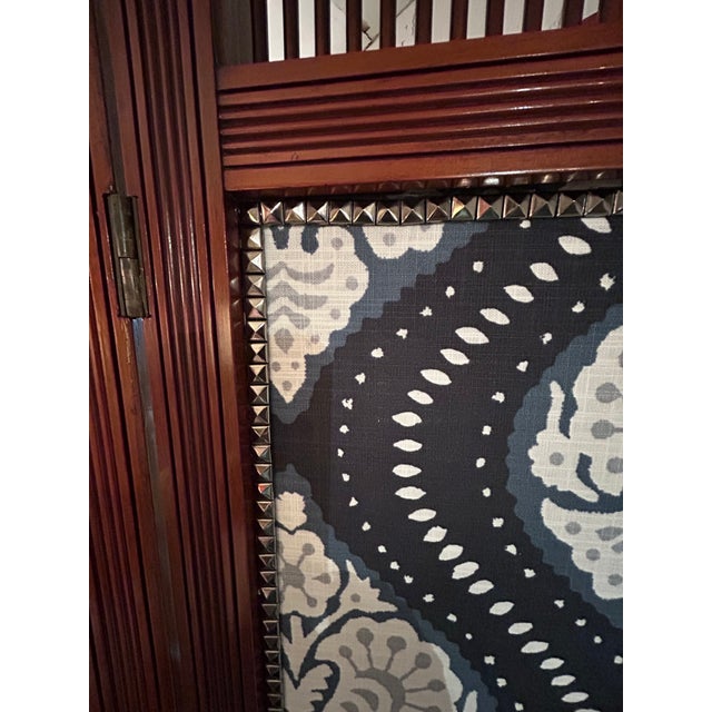 Vintage Mahogany & New Ikat Fabric 3 Panel Screen For Sale - Image 12 of 16