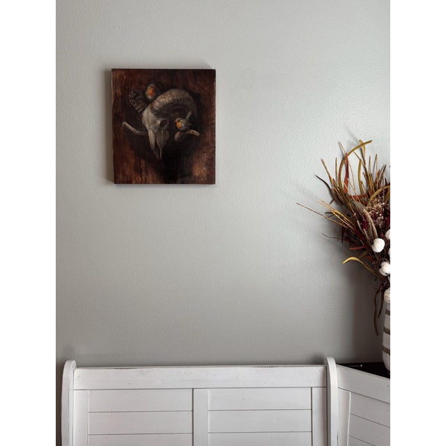 Figurative Echoes of Life by Terra Novak | Oil on wood Skull with birds on a wooden background For Sale - Image 3 of 5