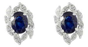 14k White Gold Radiant Oval Cut Blue Sapphire Modern Stud Earrings- A Pair