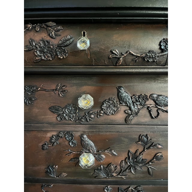 Antique Empire-Style Hand-Painted Dresser With Botanical & Bird Moulds, Claw Feet For Sale - Image 4 of 6