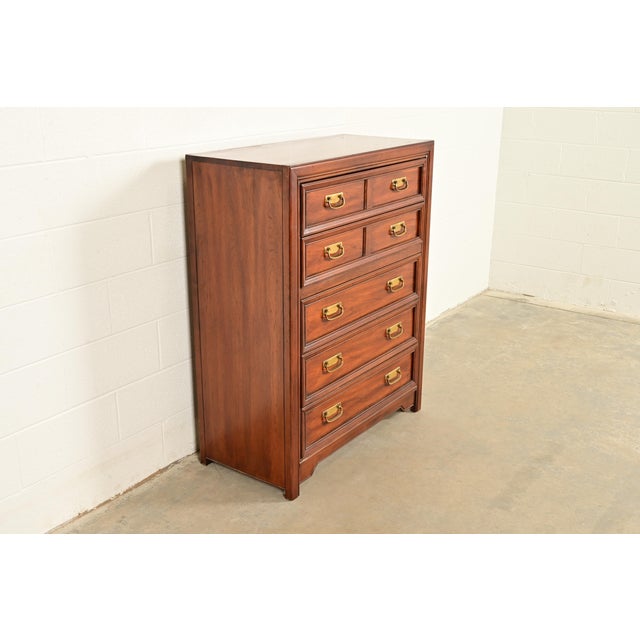Thomasville Thomasville Mid-Century Modern Hollywood Regency Campaign Walnut Highboy Dresser, 1970s For Sale - Image 4 of 17